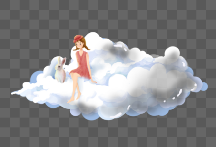 坐在云端的女孩和玉兔图片