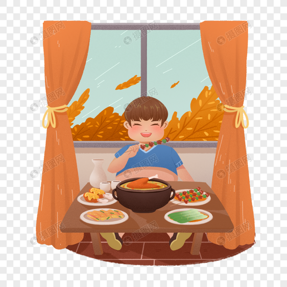 节气白露习俗贴秋膘男孩吃饭图片