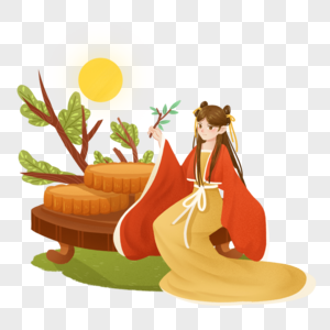 中秋节古风女孩坐在月饼盘子里图片