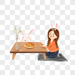 中秋吃月饼的女孩和玉兔图片