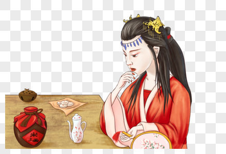 米酒蛋花汤喝酒的古风少女素材