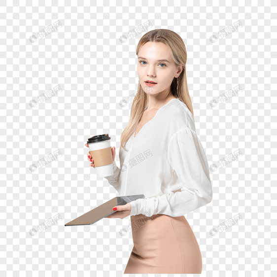 拿着平板电脑和咖啡杯的外国美女图片