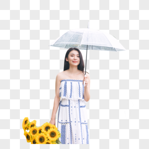 雨中撑伞提花的少女高清图片