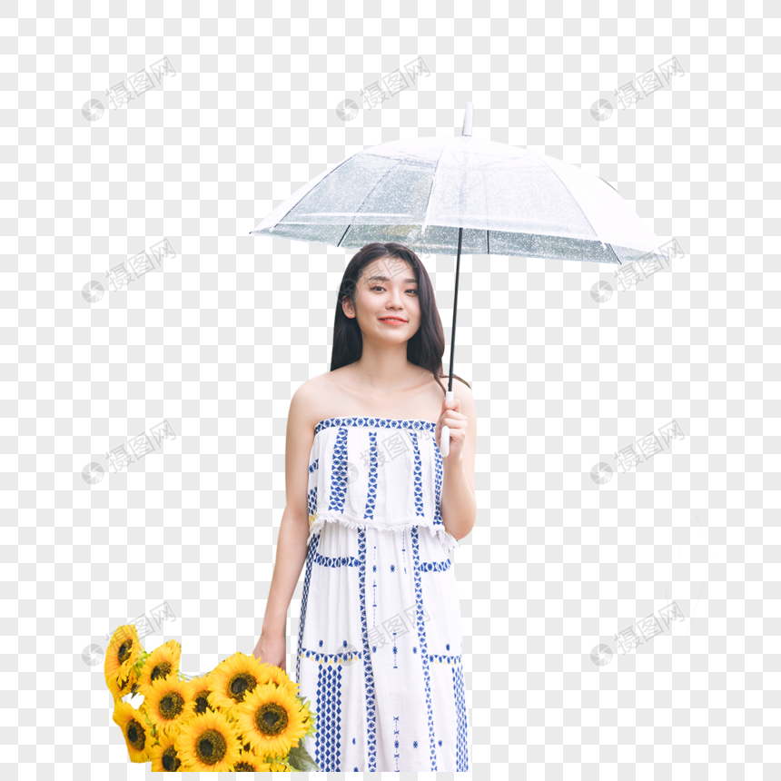 雨中撑伞提花的少女图片