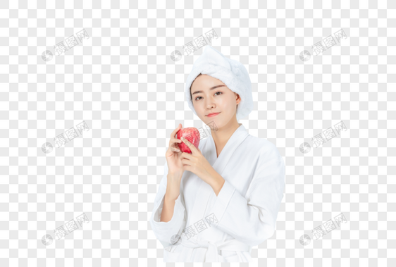 浴巾女手拿苹果图片