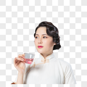 旗袍女性喝茶图片