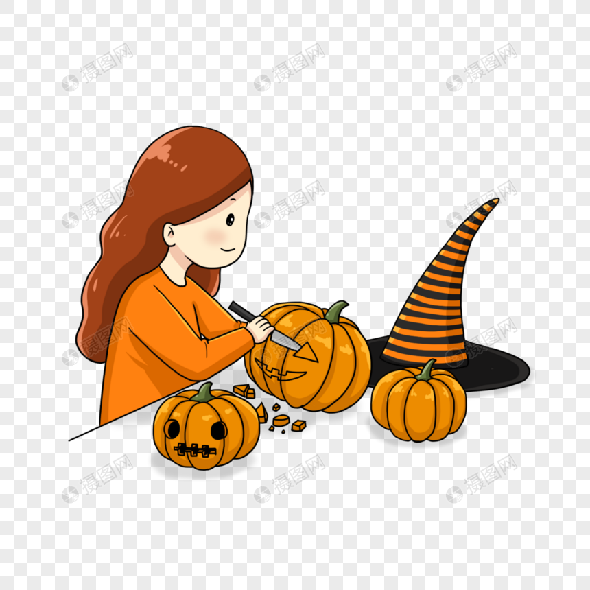 制作万圣节南瓜的女孩元素素材下载 正版素材 摄图网