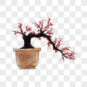 手绘红梅盆栽高清图片