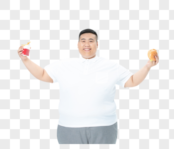 青年男性胖子吃汉堡薯条图片