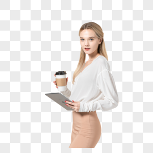 拿着平板电脑和咖啡杯的外国女模特高清图片