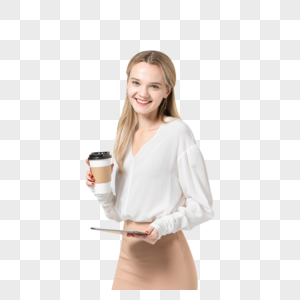 拿着平板电脑和咖啡杯的外国女模特图片
