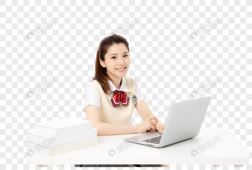学习中使用电脑的女高中生图片