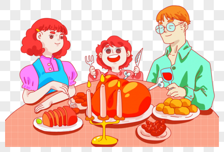 感恩节聚餐吃火鸡的一家人图片