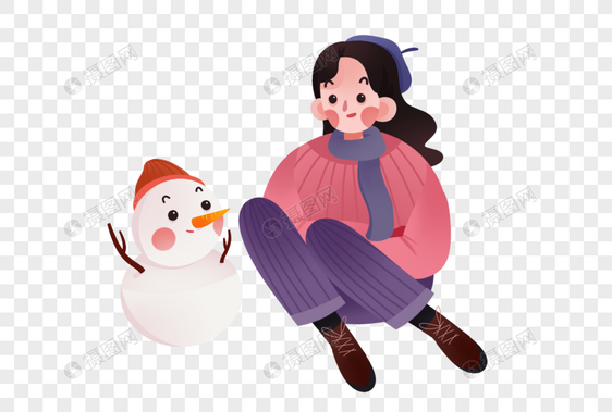 冬天的女孩和雪人图片