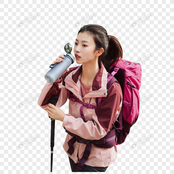 登山女性喝水休息图片