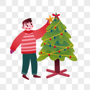 男生与圣诞树高清图片