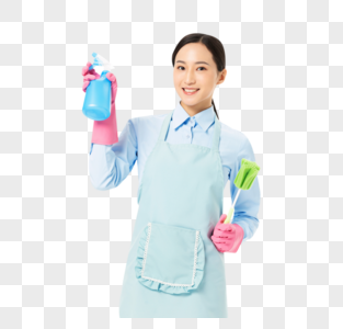 家政服务女性手拿喷壶和长柄清洁刷高清图片