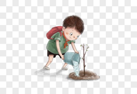 植树节小男孩浇树苗图片