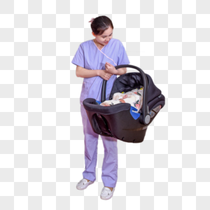 护士拎着装着孩子的篮子高清图片
