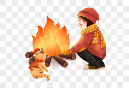 烤火的男孩抱团取暖高清图片