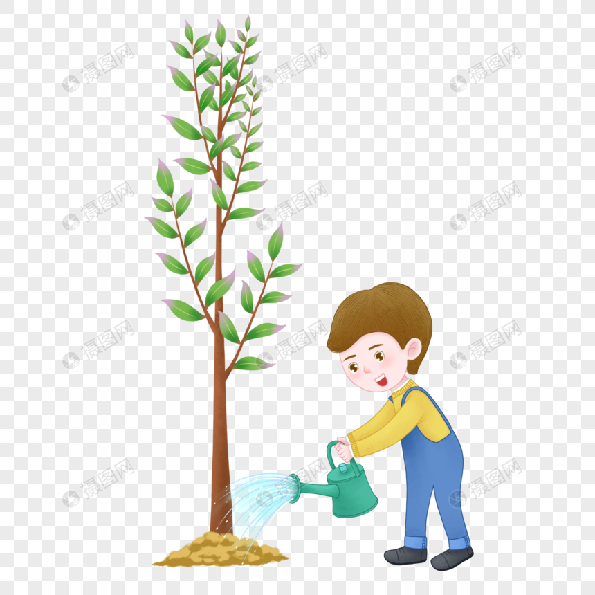 免抠元素 手绘/卡通元素 男孩用水壶给小树洒水.