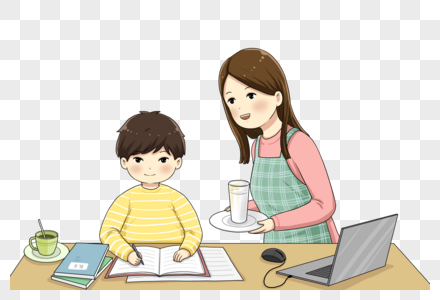 改作业妈妈陪孩子在家上网课素材