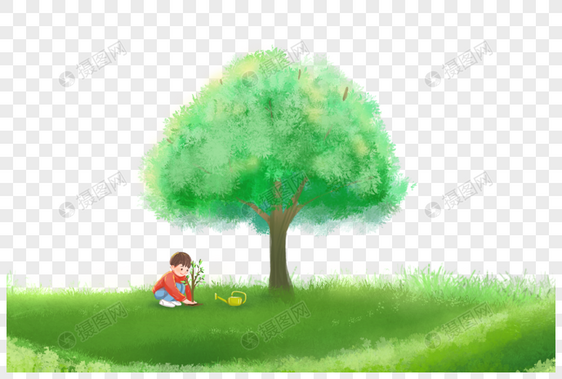 植树节男孩在大树下种小树苗图片