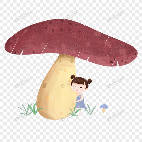 春天在蘑菇下躲雨的女孩图片