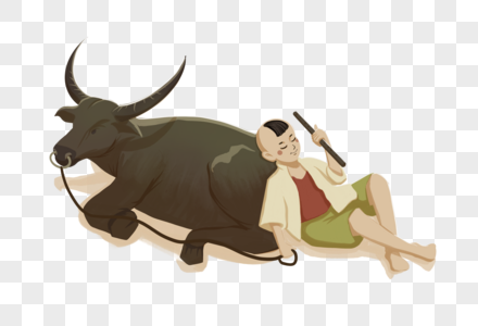 靠着牛睡觉的牧童高清图片