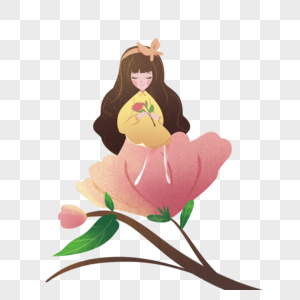 坐在花枝上赏花的女孩图片