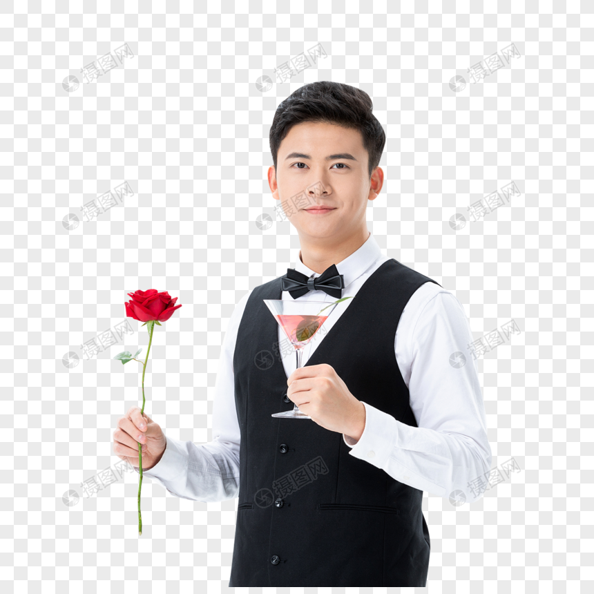 手拿玫瑰花品酒的男性图片