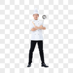 手握擀面杖和大勺的厨师高清图片