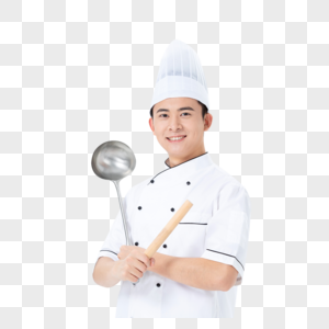 手握擀面杖和大勺的厨师高清图片