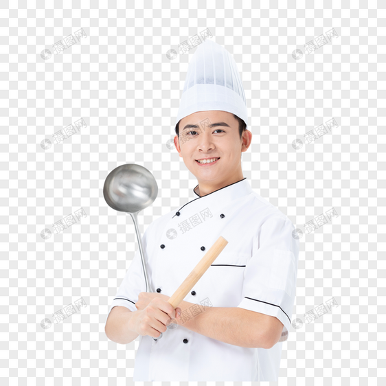 手握擀面杖和大勺的厨师图片