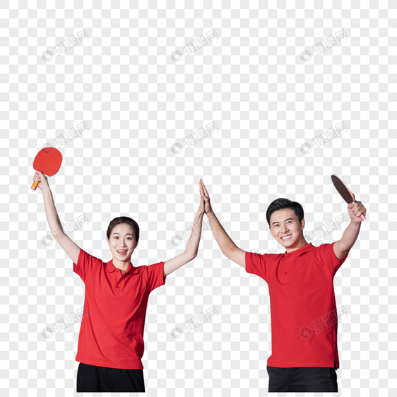 打乒乓球的青年男女击掌欢呼图片