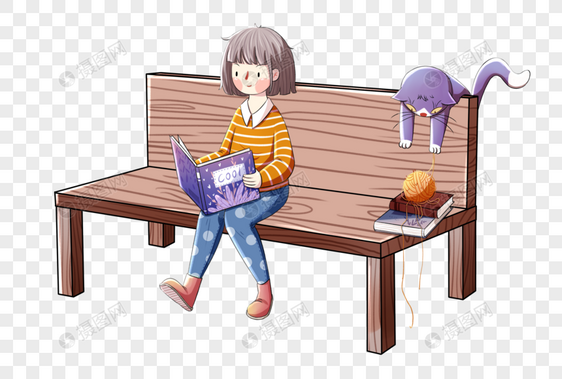 坐在长椅上看书的女孩图片