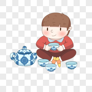 坐着喝茶的男孩图片