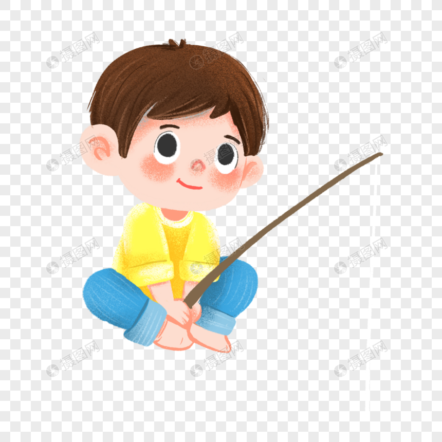 坐着钓鱼的男孩图片