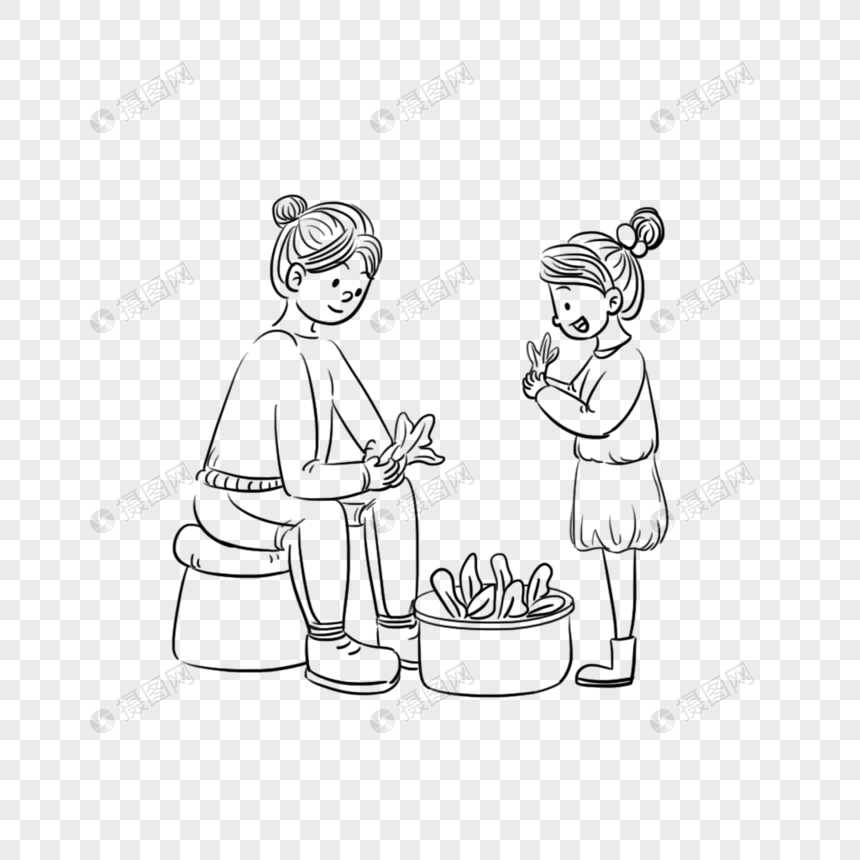 女儿和妈妈一起择菜线稿