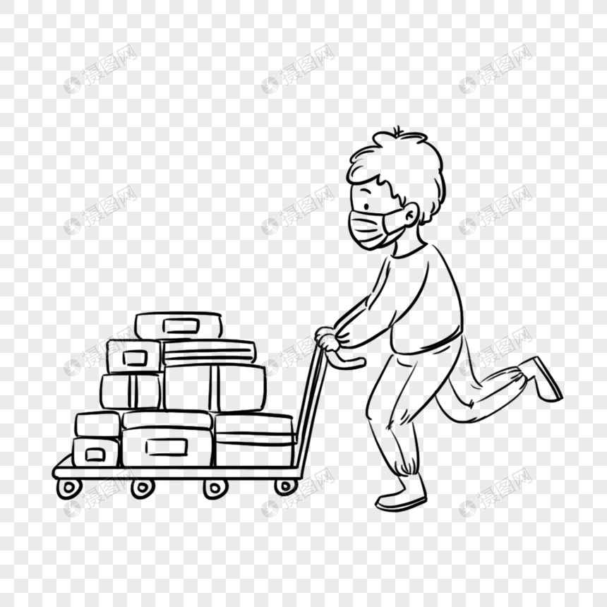 工人拉运东西场景线稿