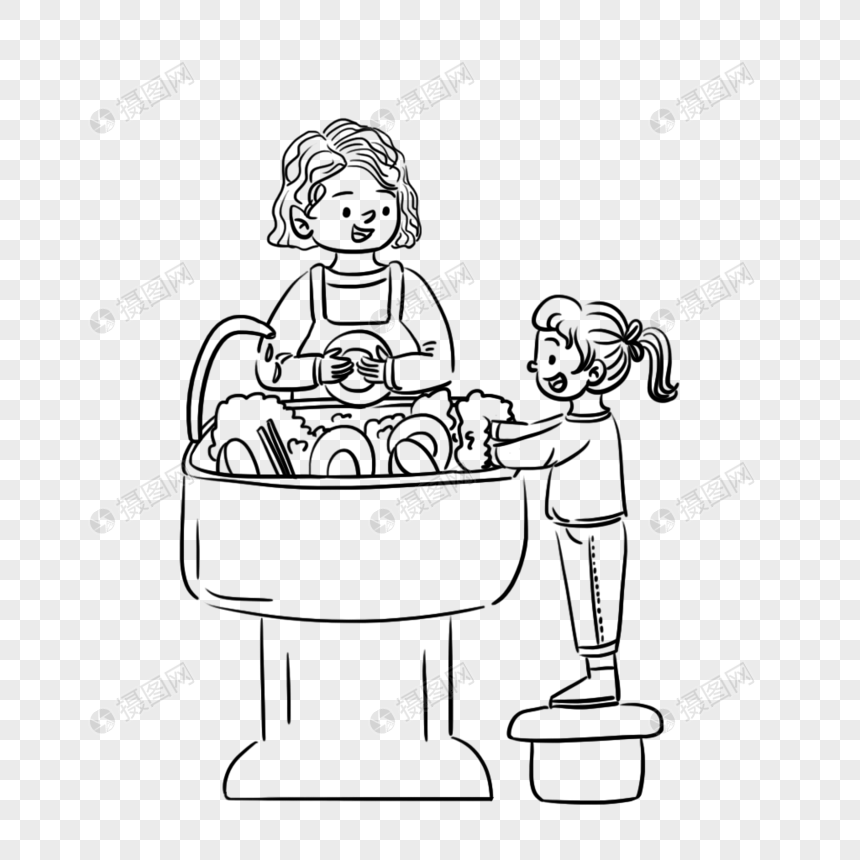 妈妈和女儿一起洗碗场景
