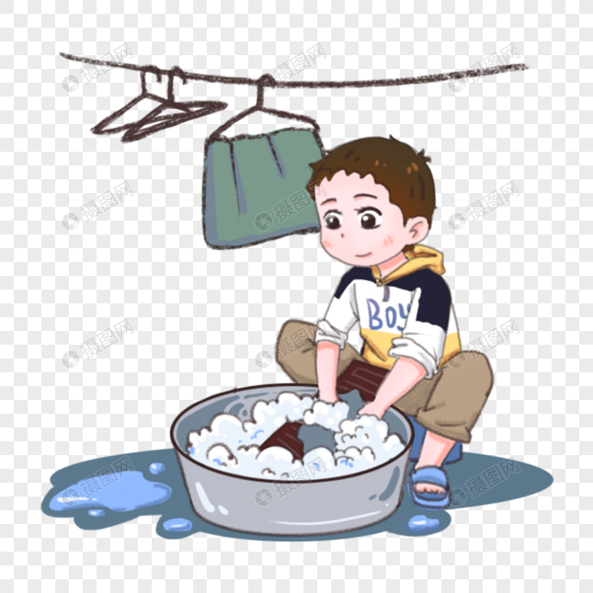 男孩洗衣服简笔画彩色图片