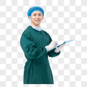 穿着手术服在文件夹上签字的医生图片
