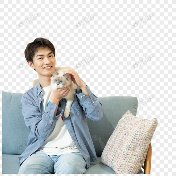 抱着宠物猫的居家男孩图片