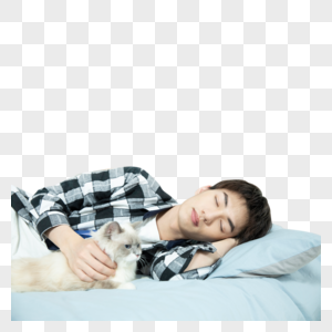 抱着布偶猫睡觉的居家男孩高清图片