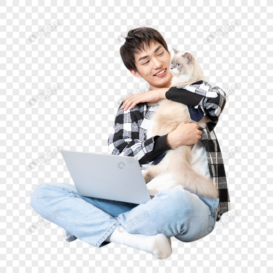 居家办公的男孩与宠物猫图片