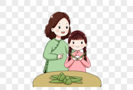 母女一起包粽子高清图片