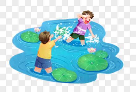 夏日玩水池塘荷叶孩子高清图片