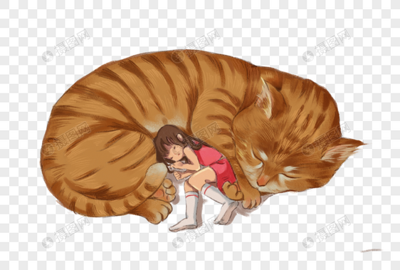 趴在猫怀里睡觉的女孩图片