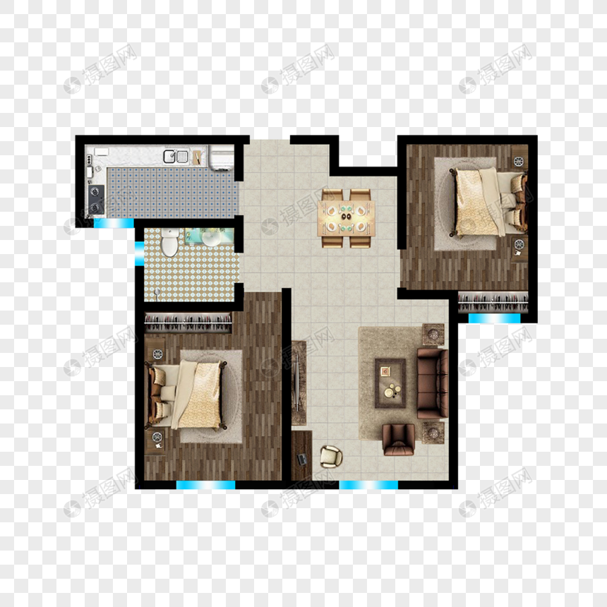 二室二厅一厨一卫彩色平面户型图图片